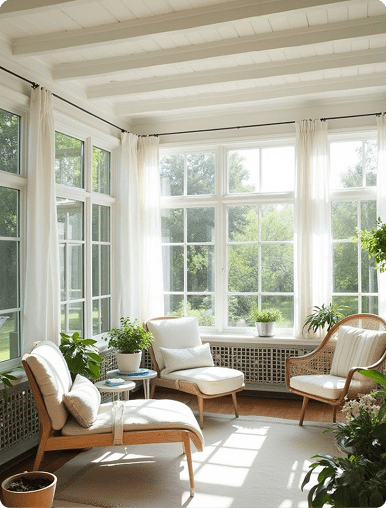 Sunlit home sunroom layout with white lounge seating and luxury storage finishes.