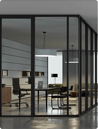 Glass walls enclosing a modern corporate workspace and minimalist office closet design.