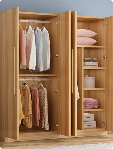 Custom closet design featuring an open wood wardrobe with hanging clothes.