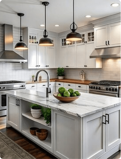 Bright white kitchen island cabinetry offering freestanding custom closet design storage
