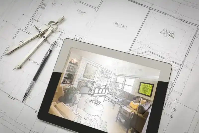 Digital architectural blueprints displayed on a tablet next to paper sketches