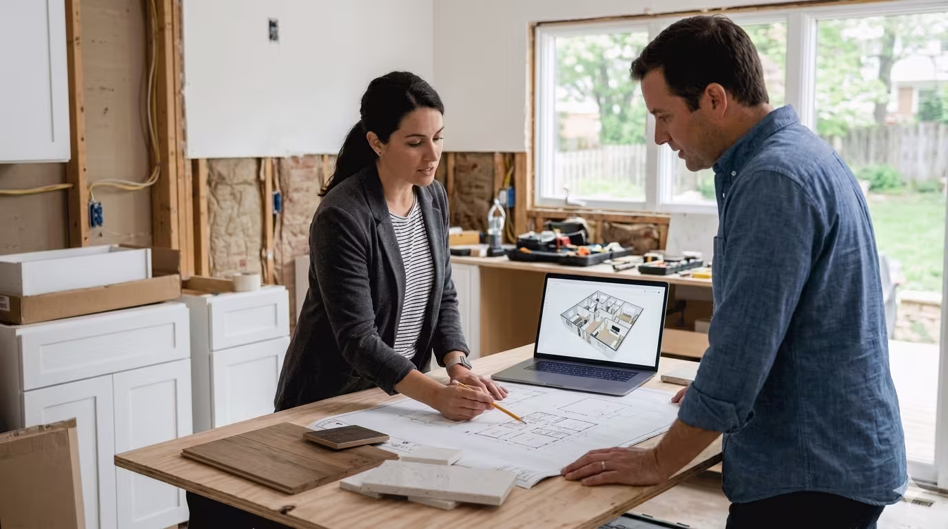Design team planning a custom home interior renovation layout.