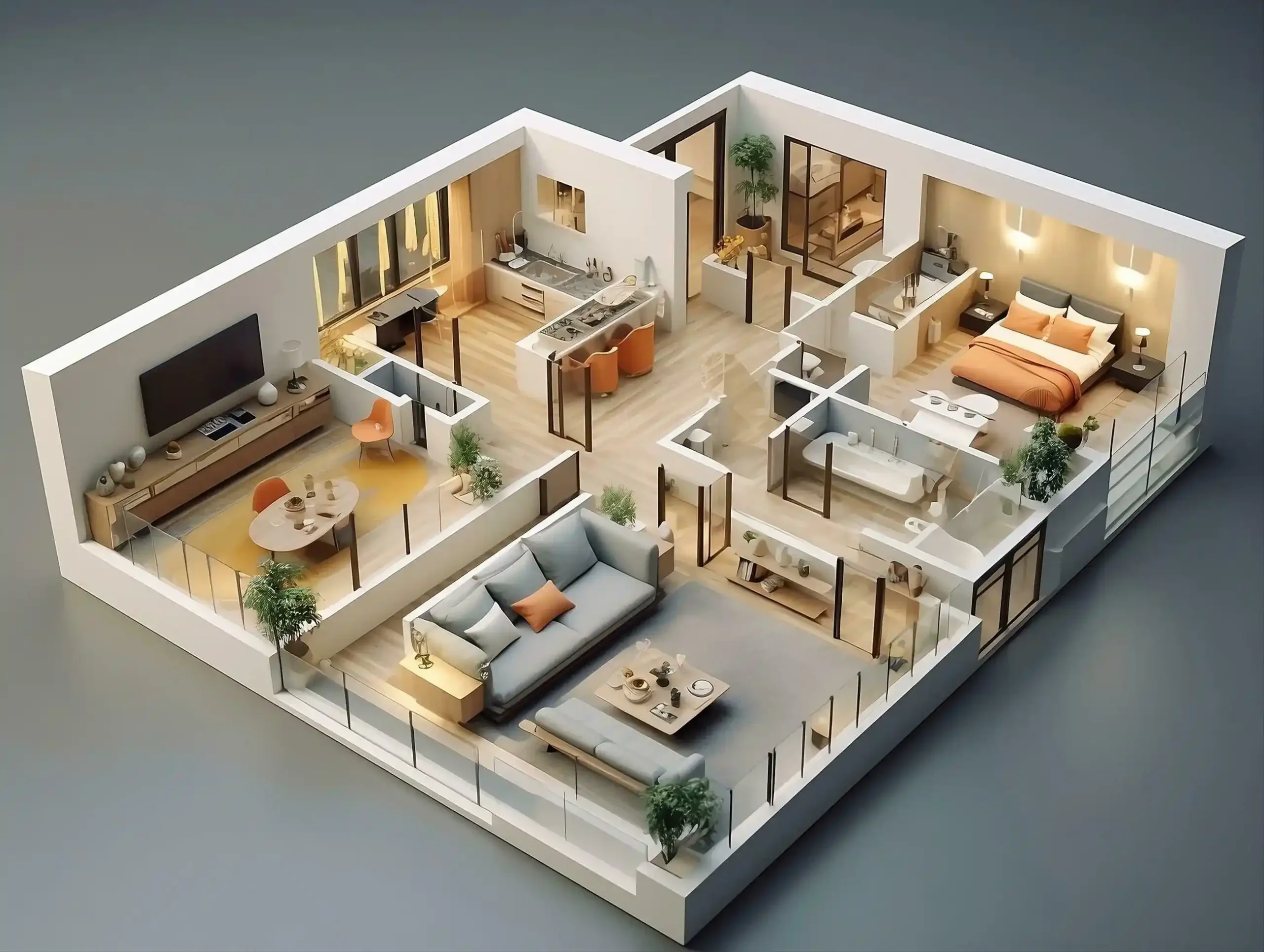 Fully furnished modern apartment visual from a 3D home layout services Maryland provider