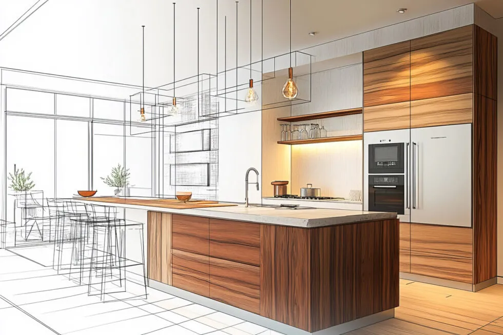 Kitchen design Maryland with 3D layout and open concept space planning