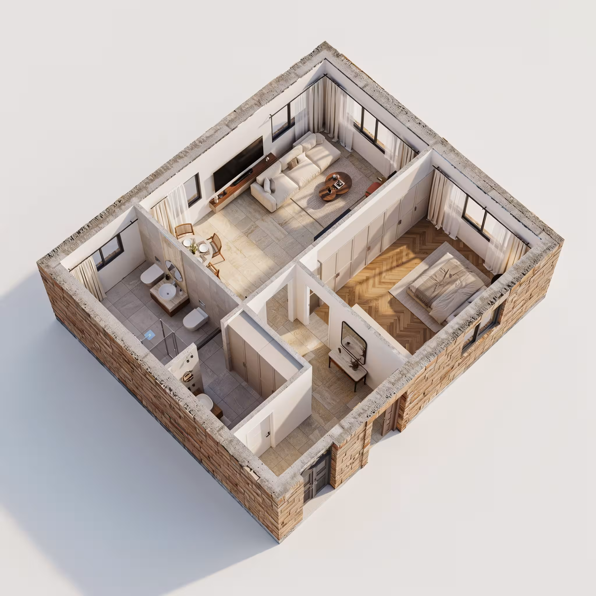 3D interior floor plan rendering for a custom residential layout