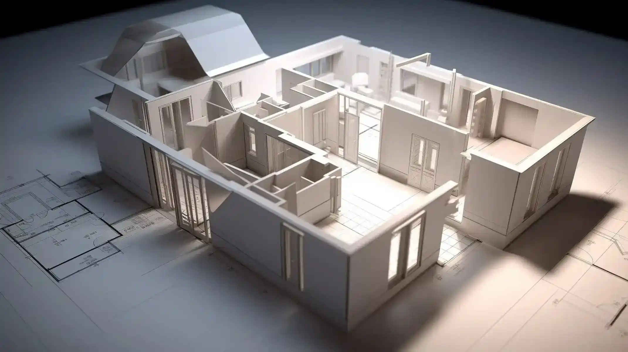 White monochrome architectural 3D floor plan layout of a house interior.