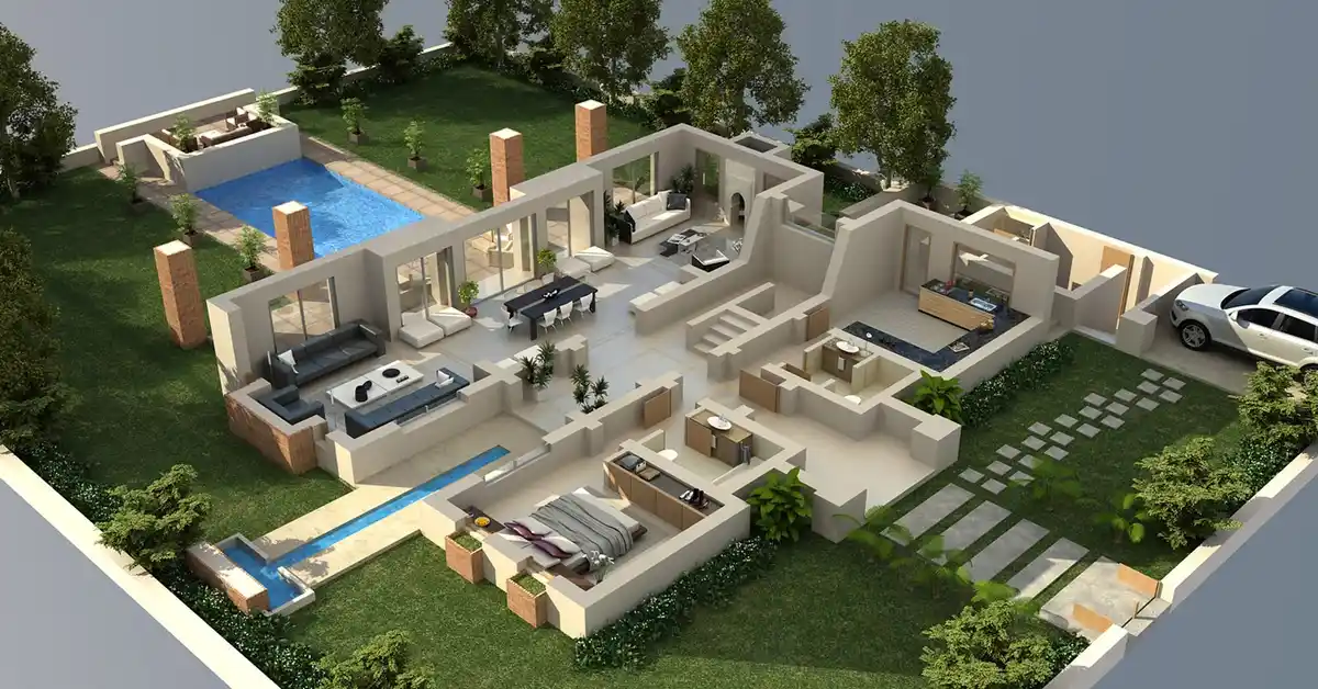 Luxury villa and backyard pool model designed by 3D home layout services Maryland. (