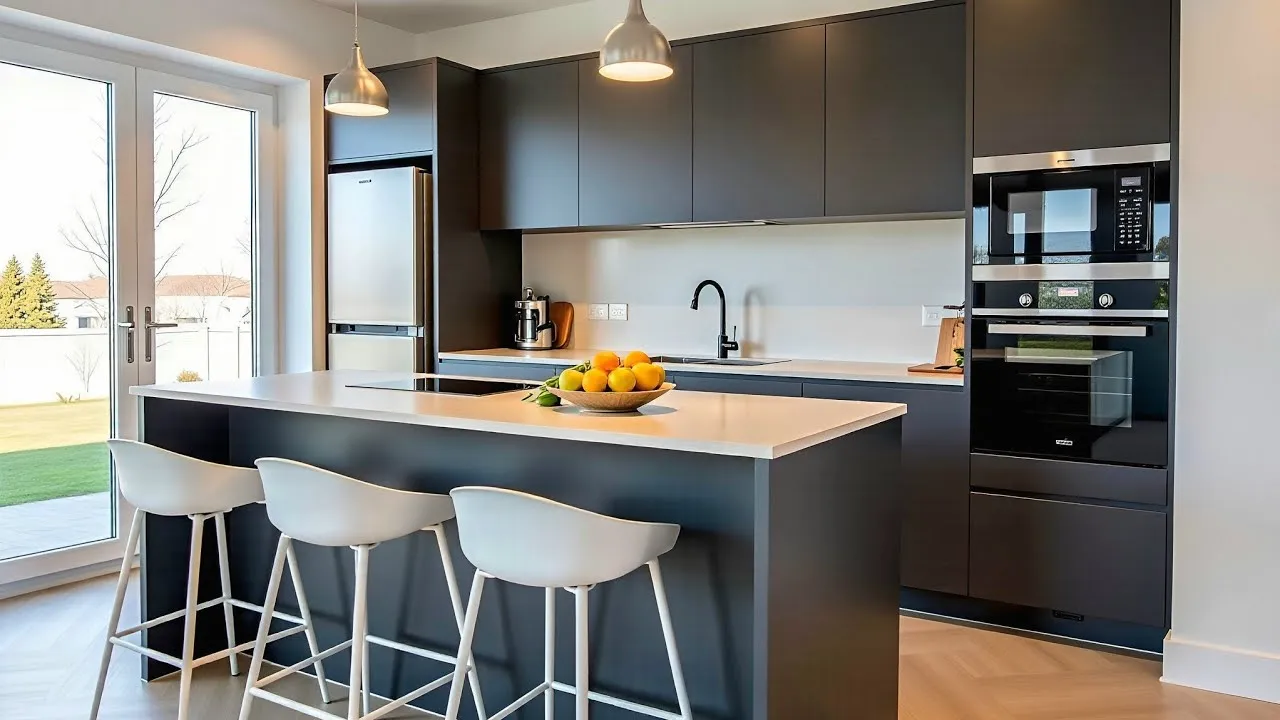 Modern kitchen featuring dark cabinets, a white island breakfast bar, and stainless steel fridge.