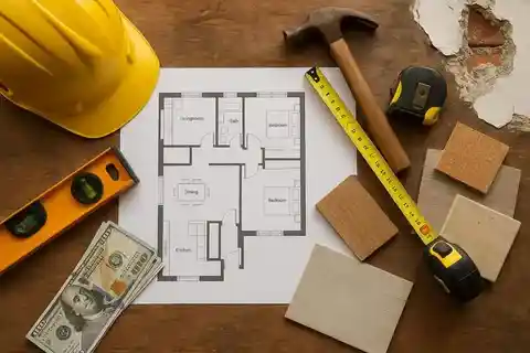 Workers prep walls for modern residential living room renovation.