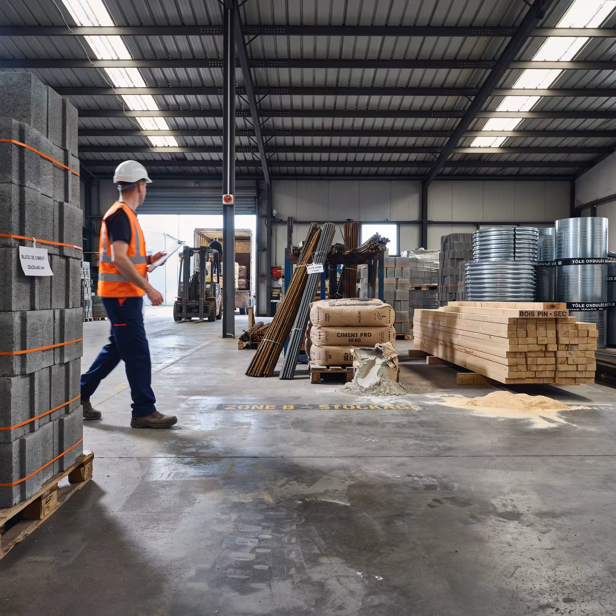 Factory worker organizing building materials in a distribution warehouse.