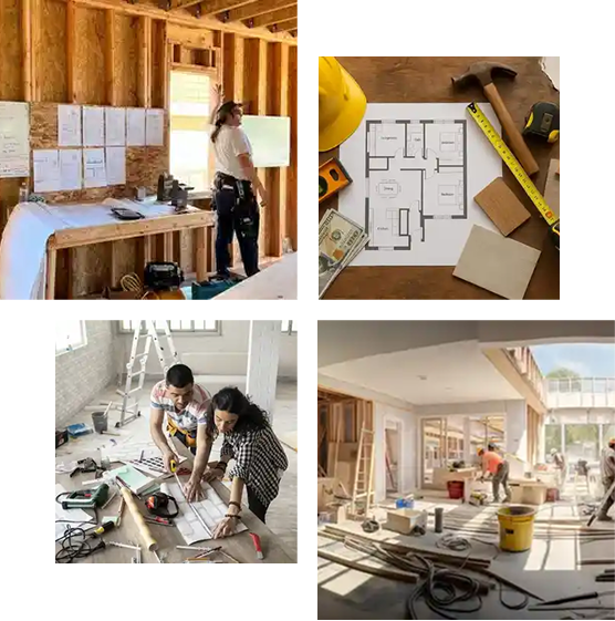House blueprint with a hard hat and tools for renovation planning.