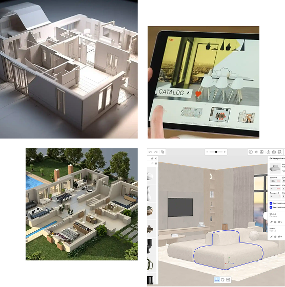 Four-panel grid showcasing 3D architectural modeling software and interior design catalogs