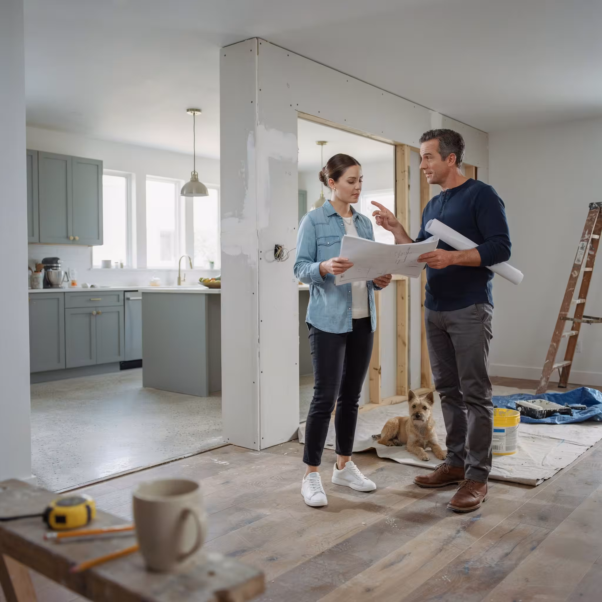 Couple planning a modern kitchen renovation with architectural prints