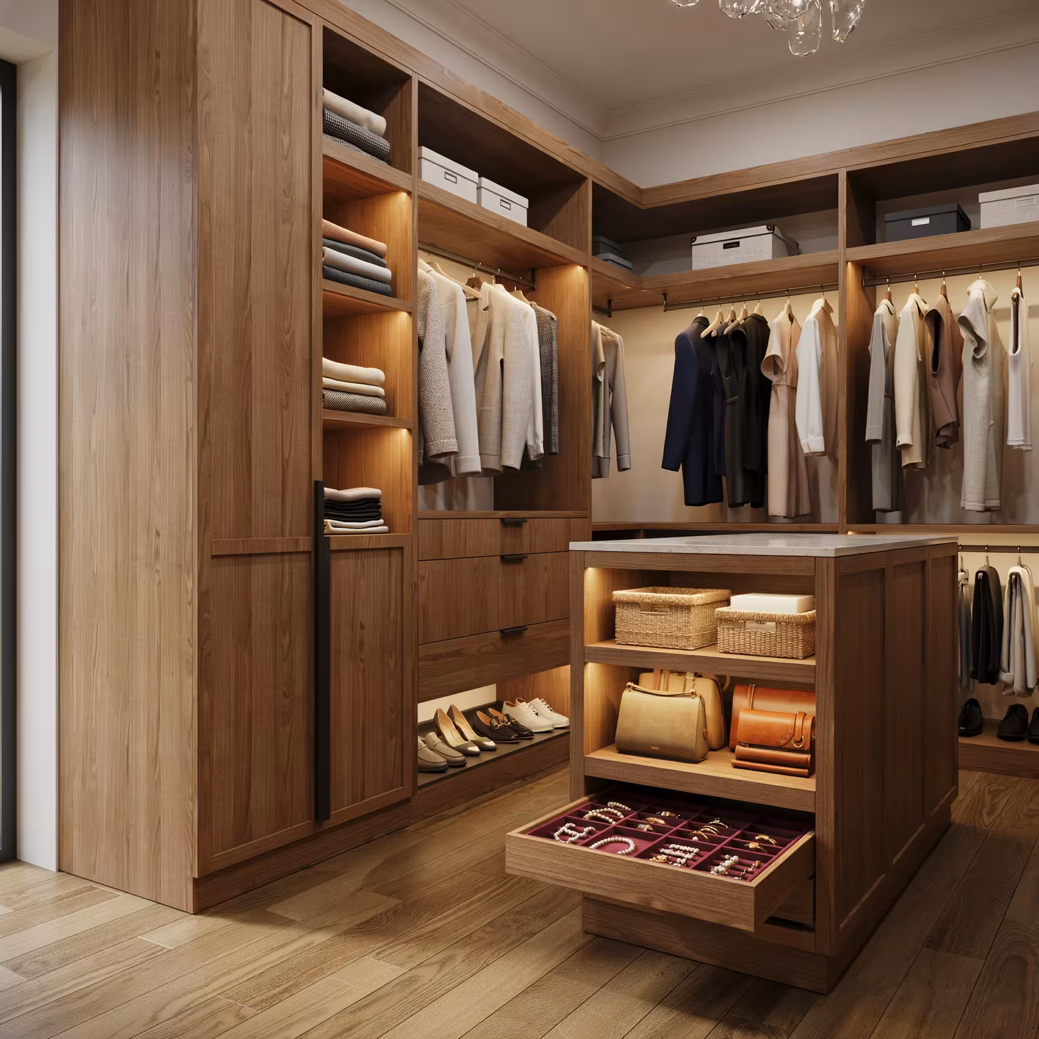 Luxury custom walk-in closet with integrated LED shelf lighting
