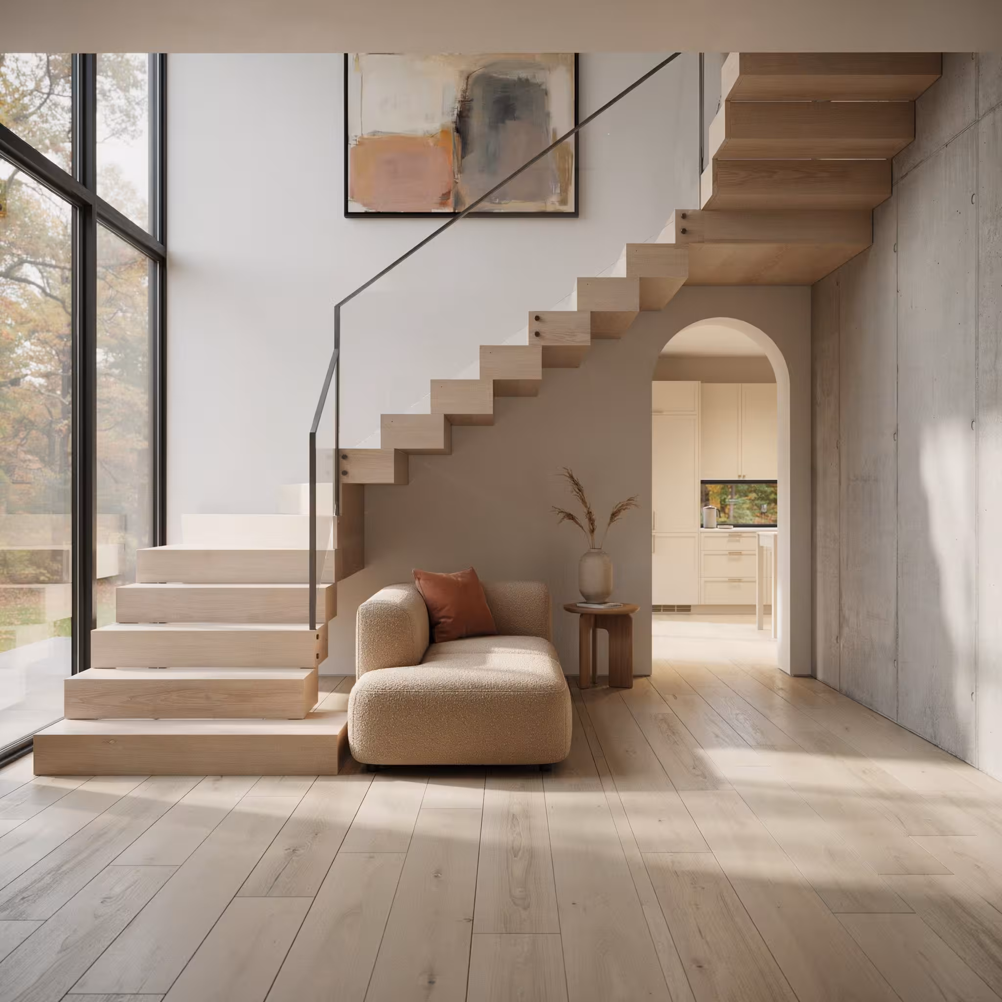 floating stair wooden staircase with glass railings and concrete walls in a home.