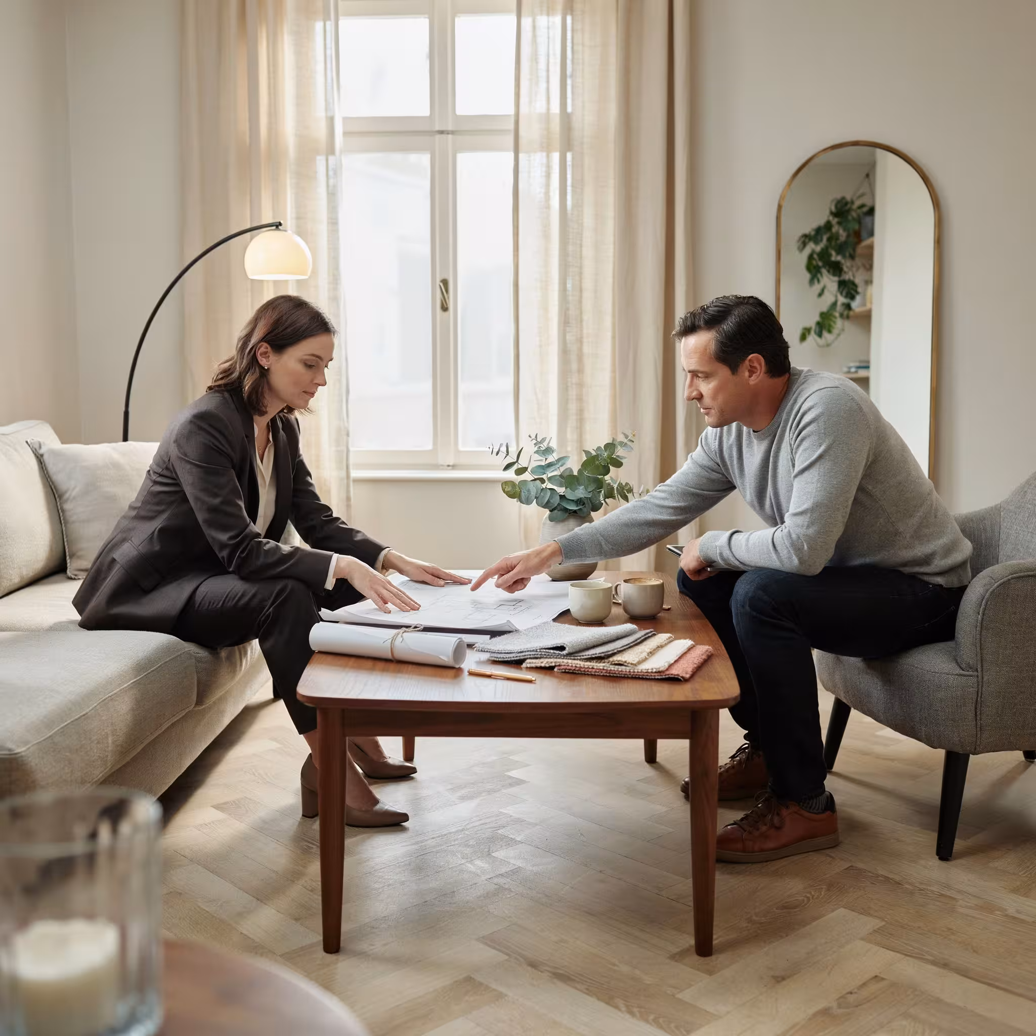 Home design consultation with professionals reviewing floor plans.