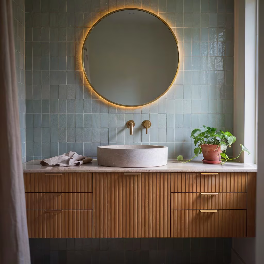 Floating fluted wood bathroom vanity with brass hardware and quartz countertop, 2027 trend