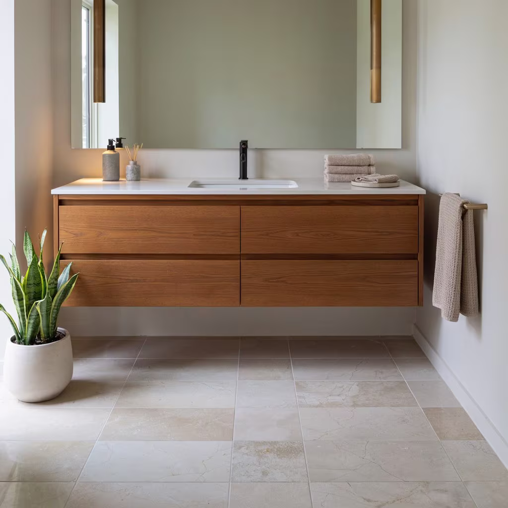 Modern bathroom vanity and sink with quartz countertop and storage