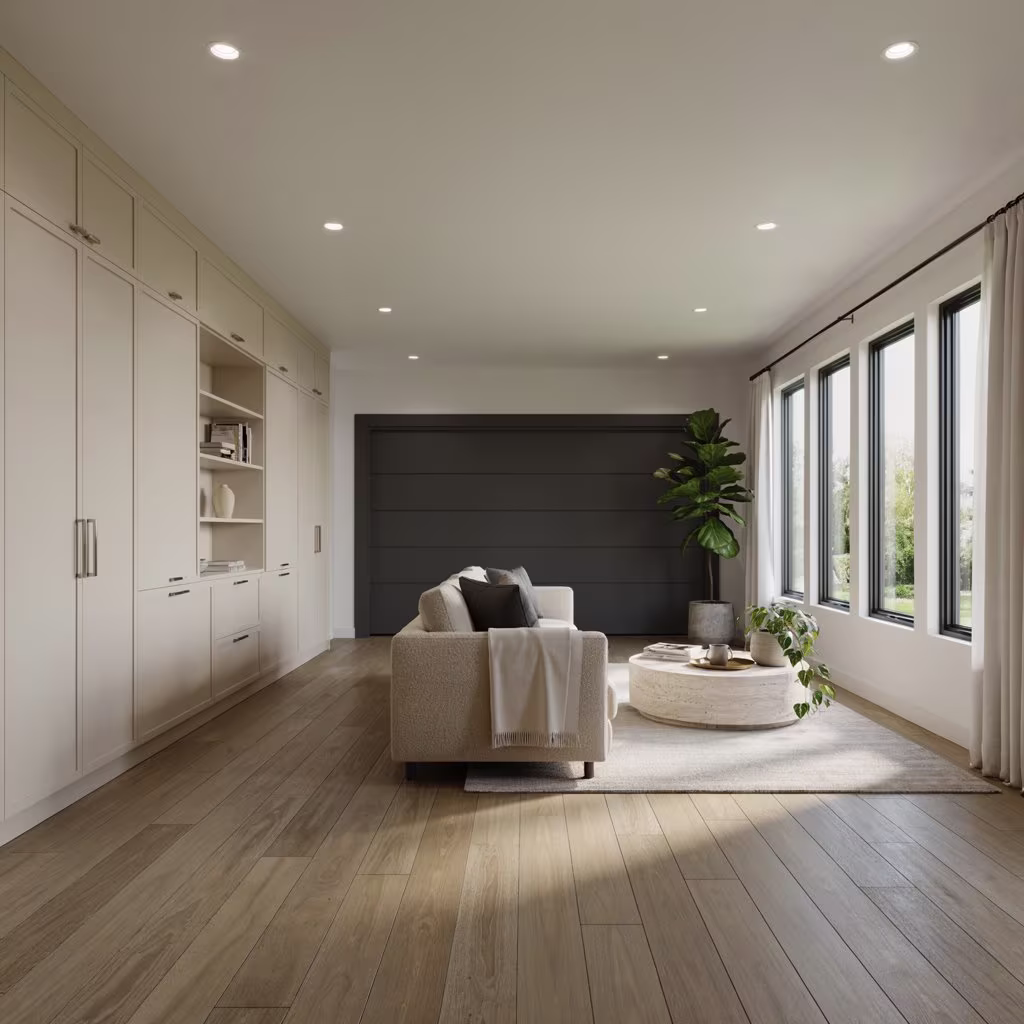 Garage conversion ideas with a modern living room and custom interior design