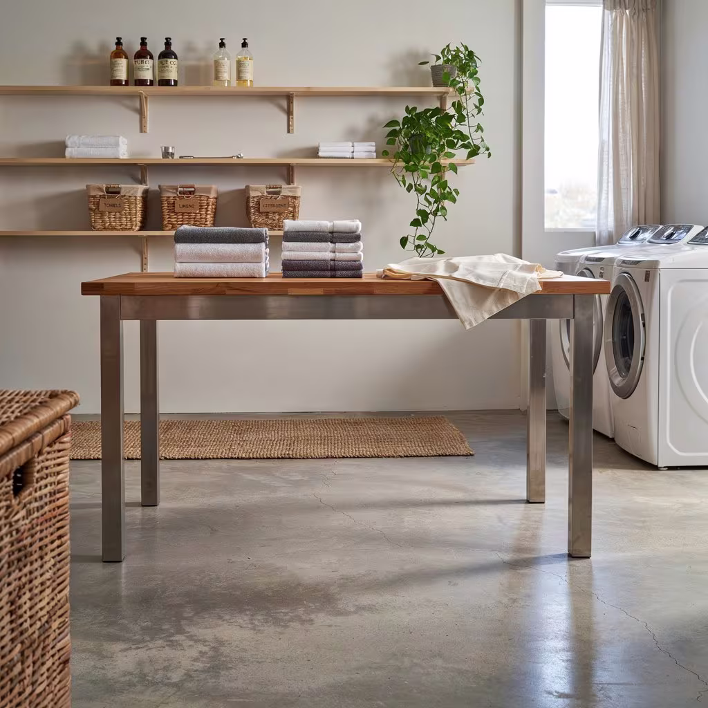 Heavy duty folding laundry table in a modern organized laundry room