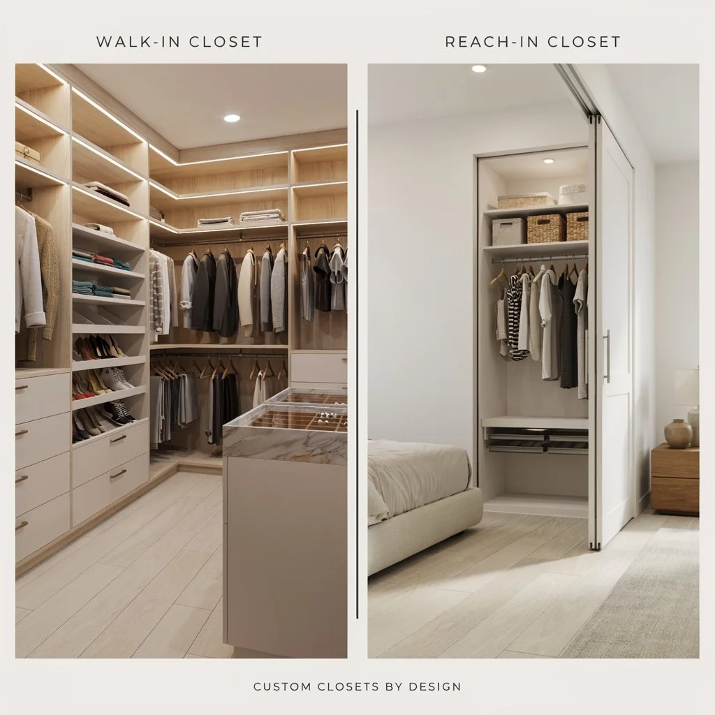 Walk-in and reach-in custom closets in a modern Maryland home