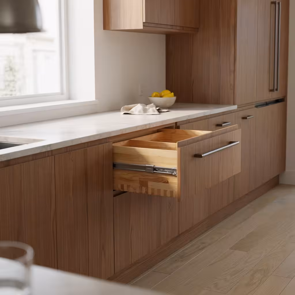 Laminate kitchen cabinets with durable high pressure laminate finish in a modern kitchen