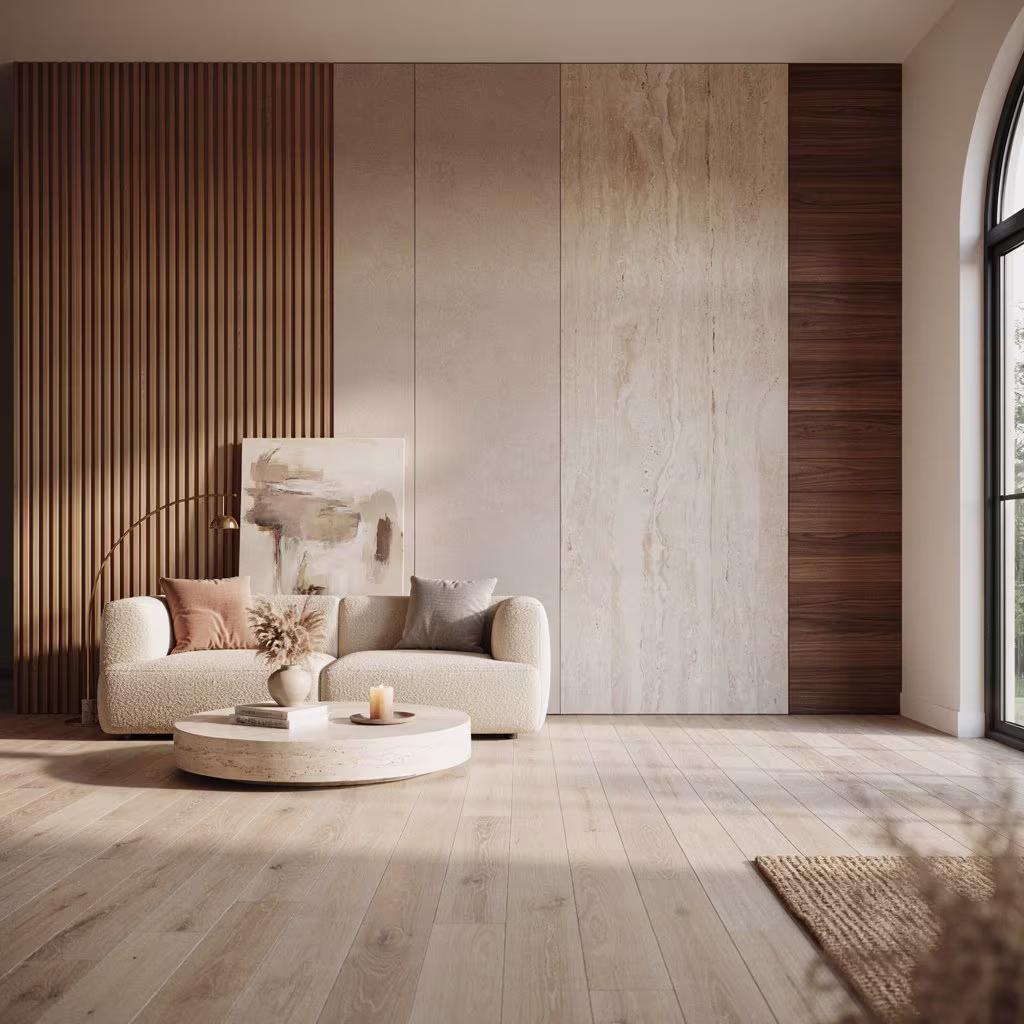 Modern wall panels in a contemporary living room interior.