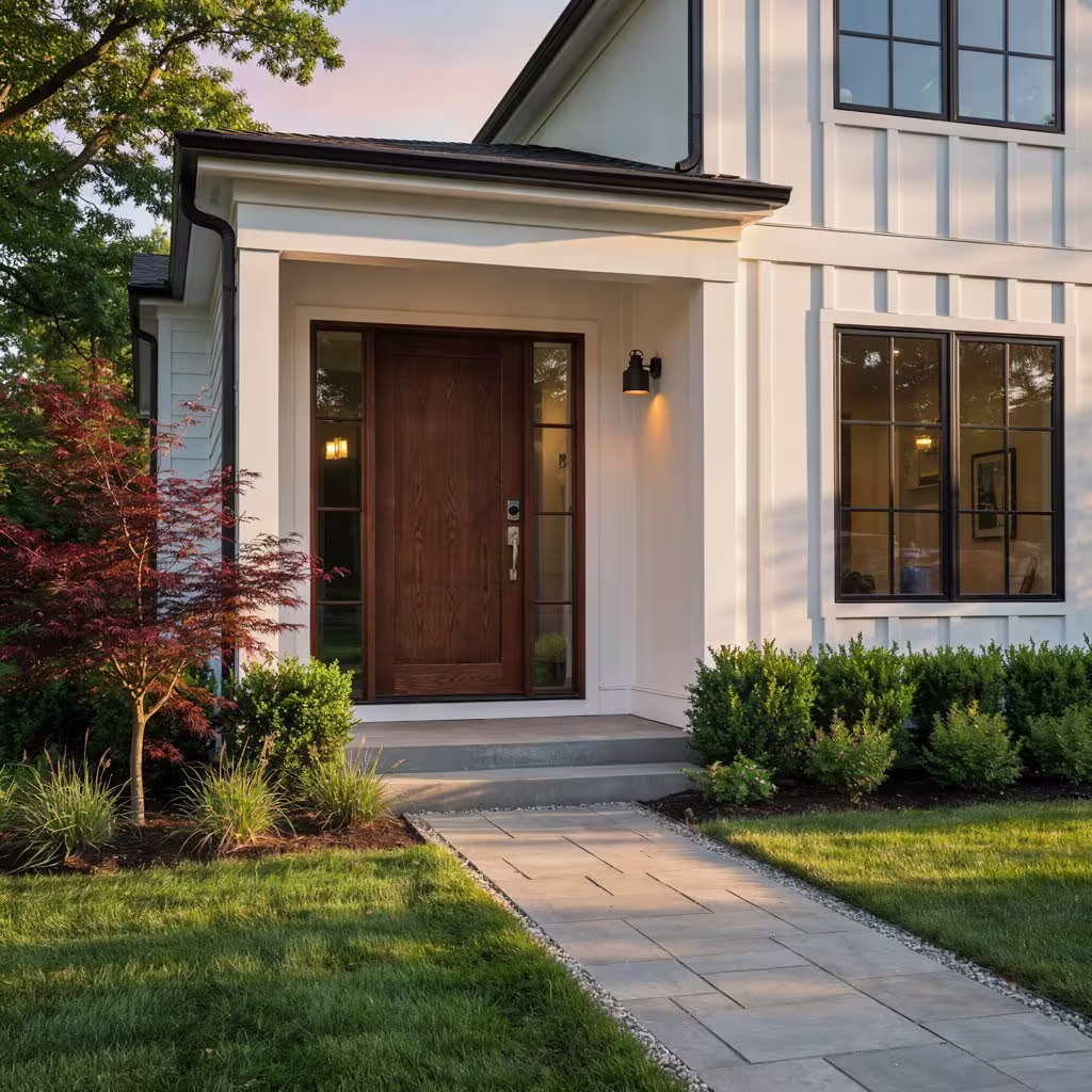 Modern walnut fiberglass exterior door with glass sidelights