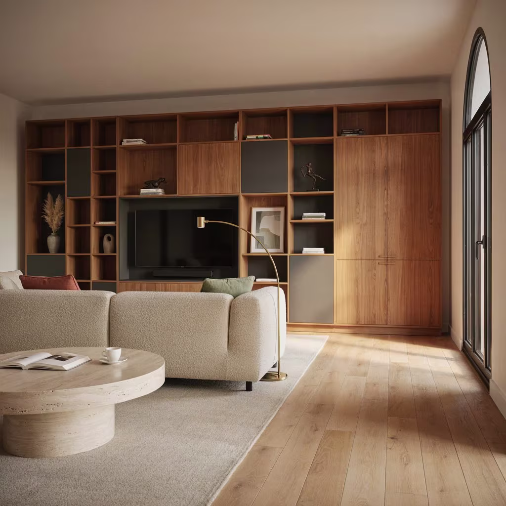 Custom Italian wall units with integrated TV and luxury wood cabinetry