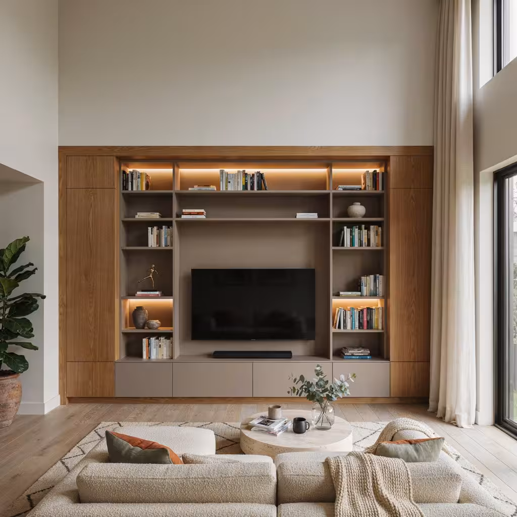 Modern living room wall unit with TV storage and integrated lighting