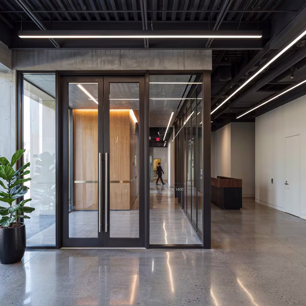 Steel interior doors with durable metal frames in a modern commercial space