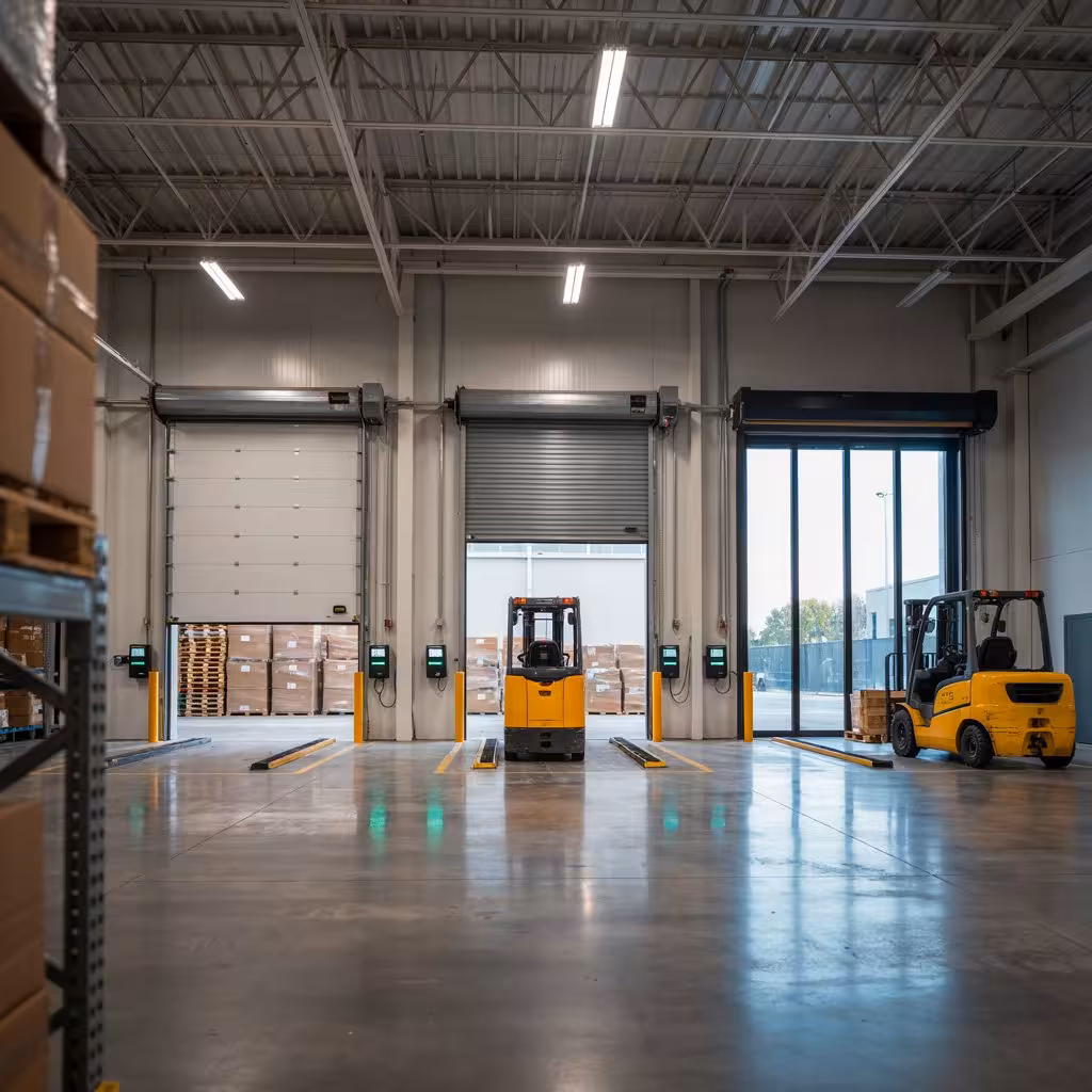 Commercial garage door trends in a modern warehouse facility