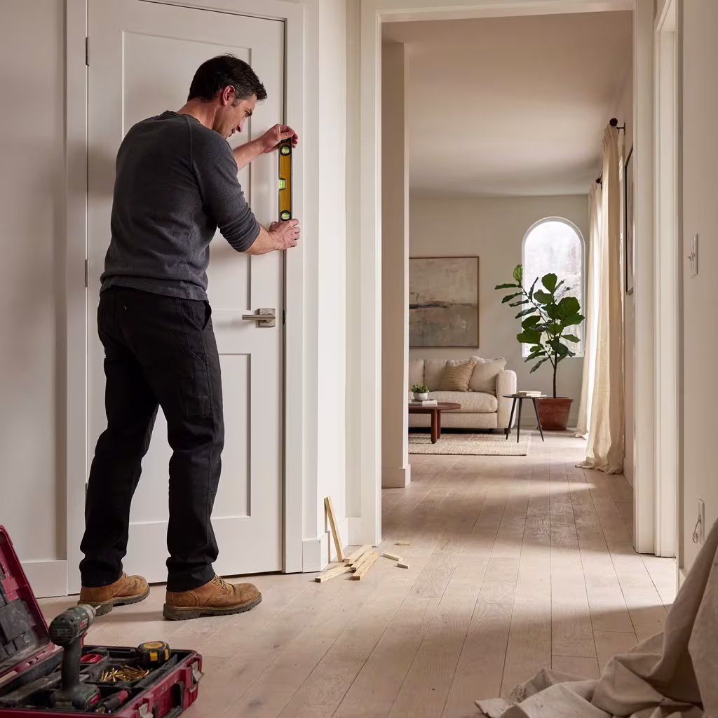 arpenter installing a solid-core interior door during home renovation