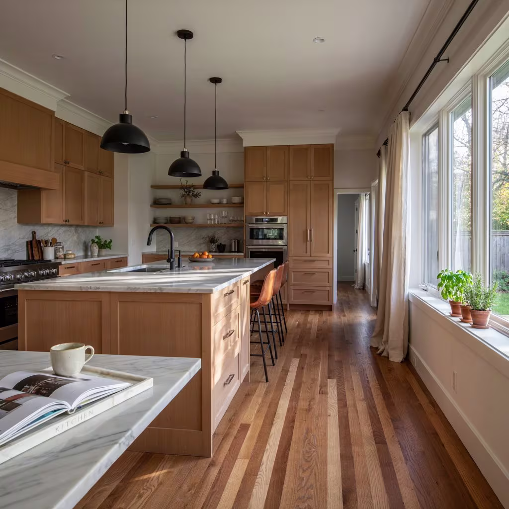 Kitchen cabinet island with custom cabinetry and quartz countertop