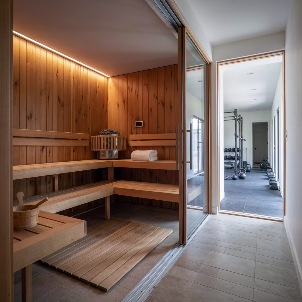 Modern home sauna with cedar benches, electric heater and glass door