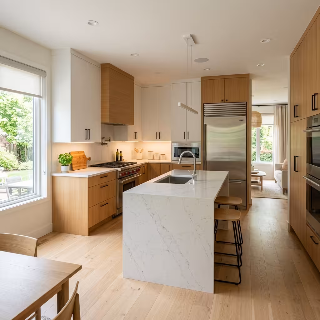 Modern kitchen design cost inspiration: Contemporary white and wood kitchen with island and large window.