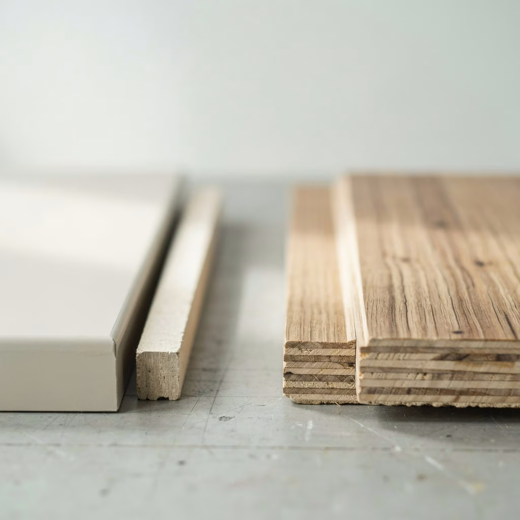 MDF vs plywood cabinets: sample panels showing smooth MDF and layered plywood edges